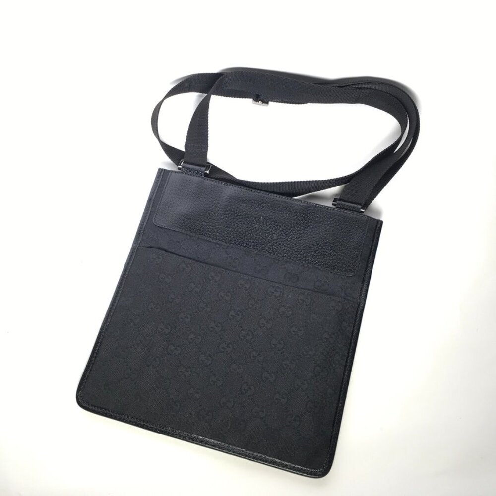 GUCCI Leather Silver Logo Hardware Shoulder Bag Black Canvas GG